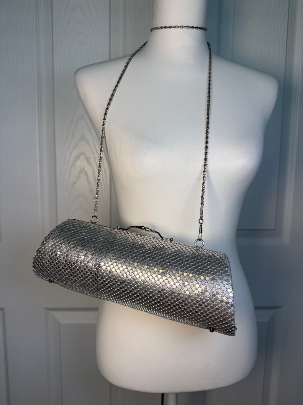 Silver Metallic Mesh Cylinder Bag Y2K Boho Glam Statement Purse Festival